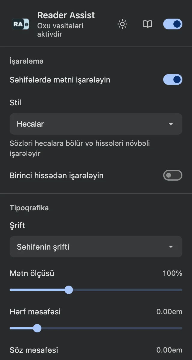 Reader Assist-in tünd temadakı parametrləri