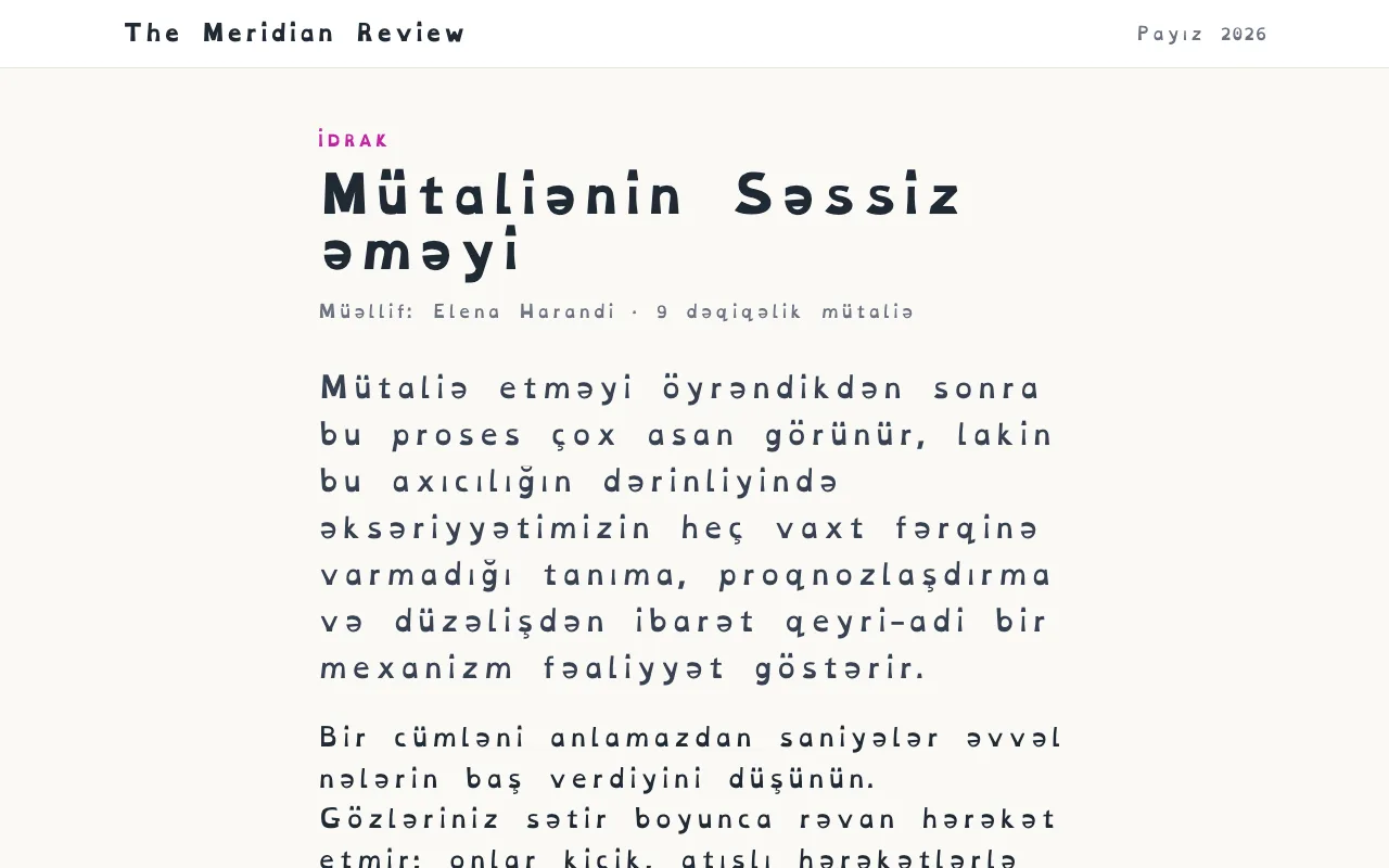 Daha geniş hərf və söz məsafəsi ilə OpenDyslexic şriftində qurulmuş məqalə