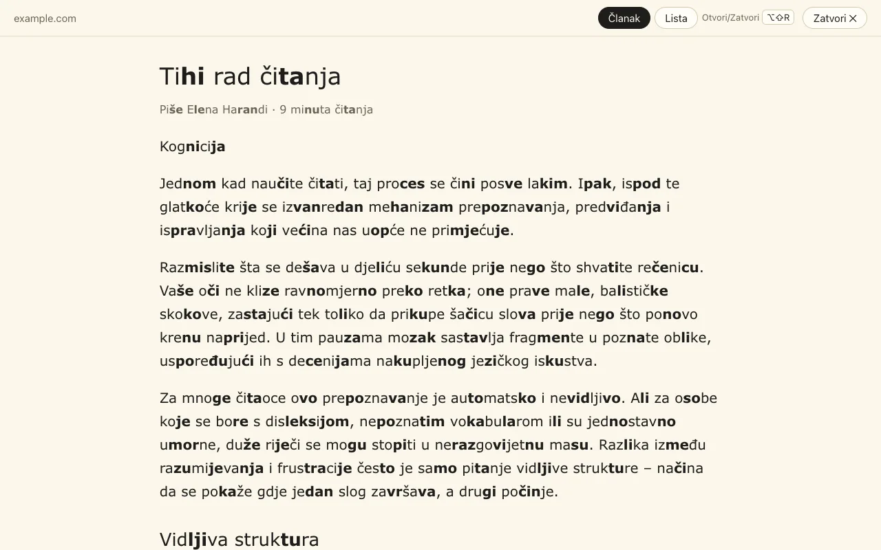 Prikaz za čitanje: samo članak u jednoj mirnoj koloni, sa označenim slogovima