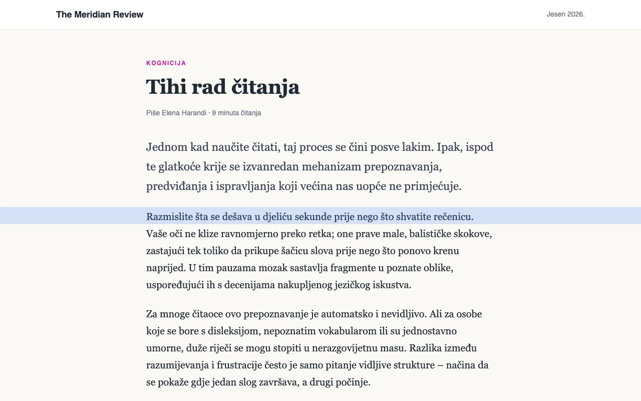 Članak sa plavim lenjirom za čitanje preko jednog reda