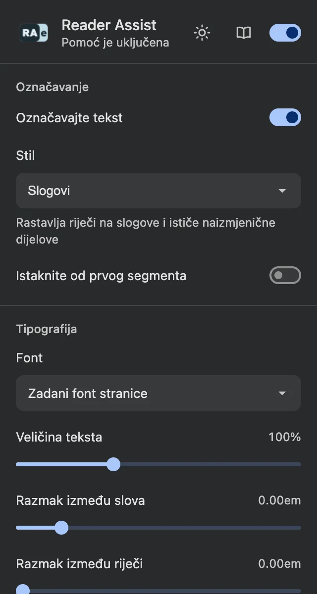Postavke Reader Assist-a u tamnoj temi