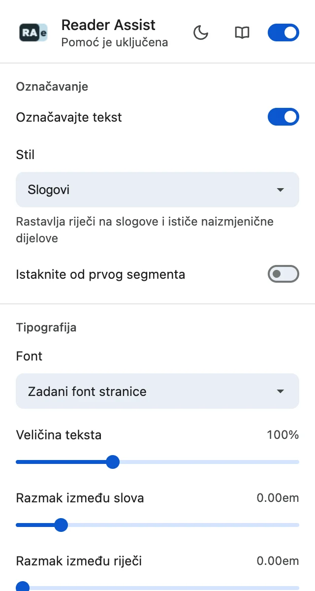 Postavke Reader Assist-a u svijetloj temi