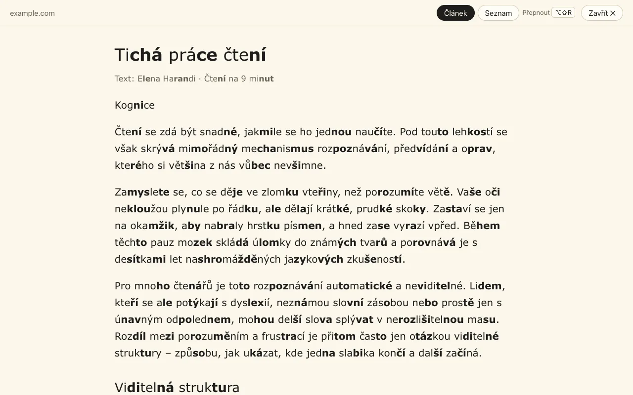Režim čtení: pouze článek v jednom klidném sloupci se zvýrazněnými slabikami