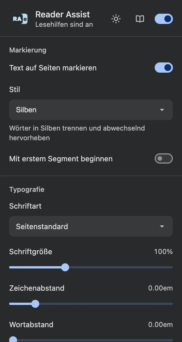 Die Einstellungen von Reader Assist im dunklen Design