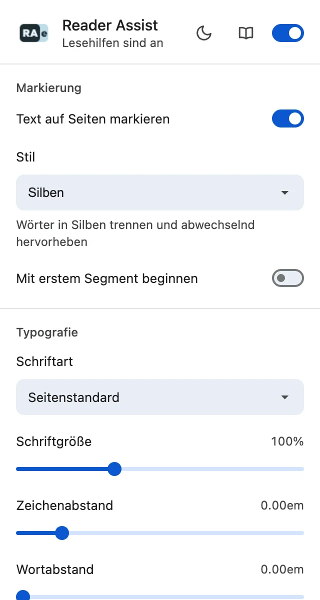 Die Einstellungen von Reader Assist im hellen Design