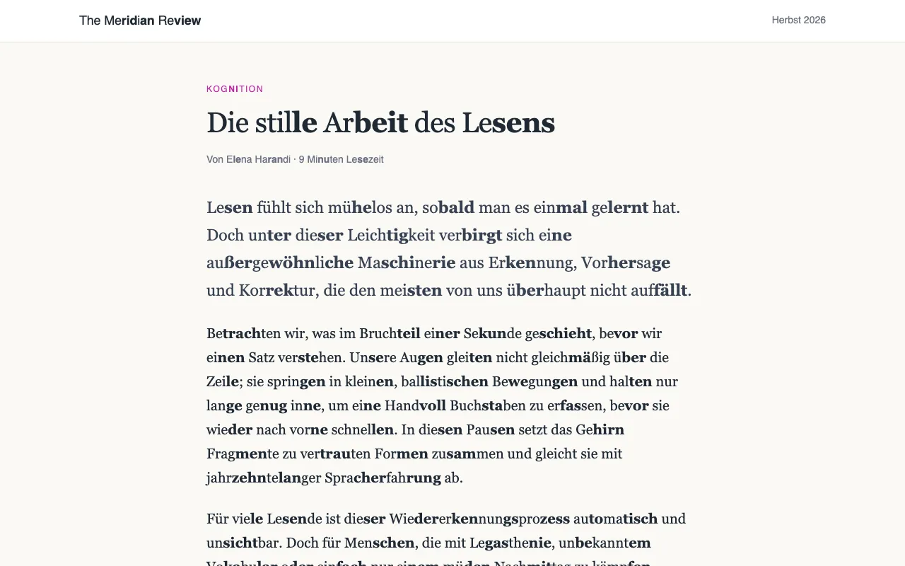 Ein Artikel, in dem lange Wörter in Silben getrennt sind und jede zweite Silbe fett gedruckt ist