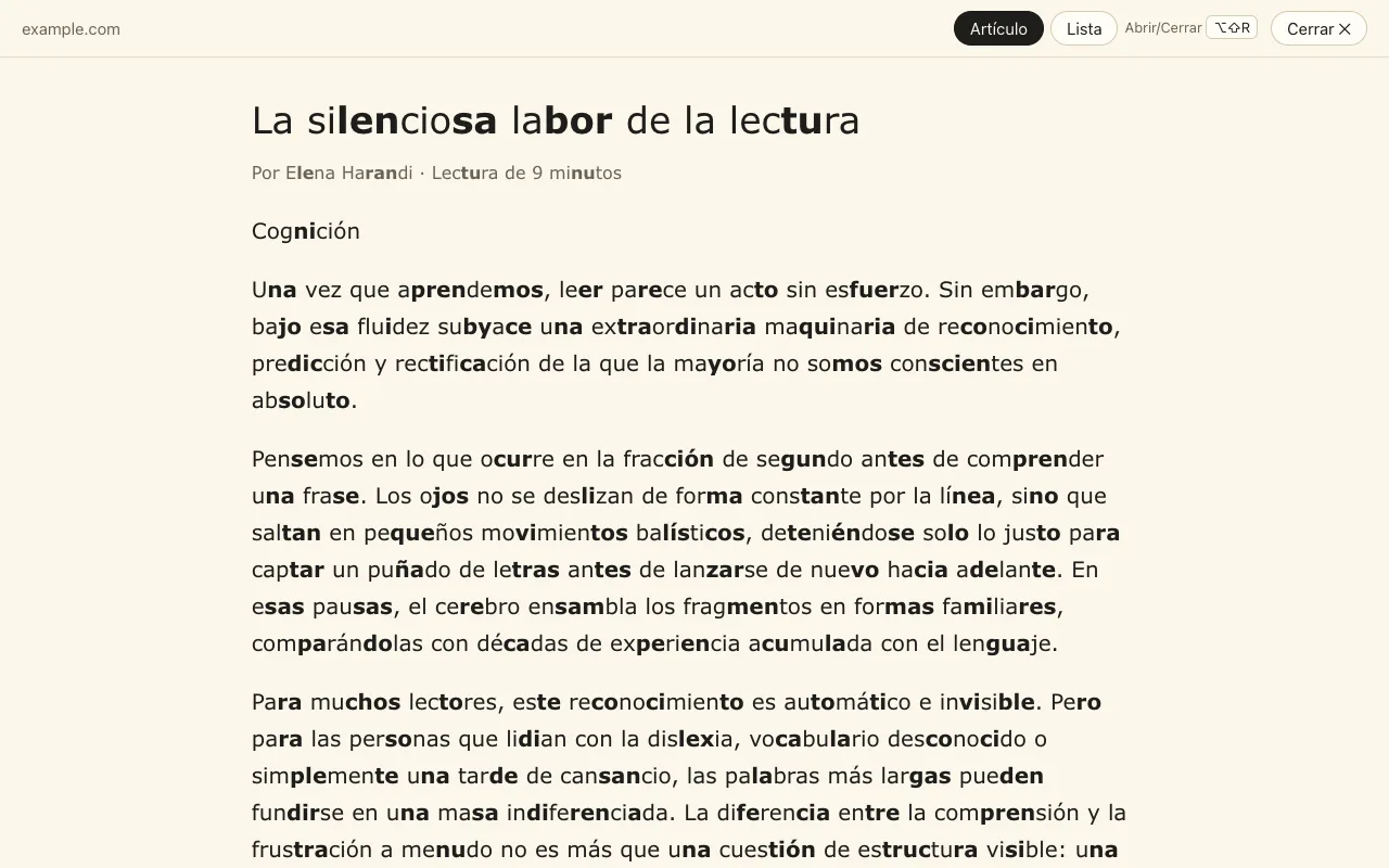 La vista de lectura: solo el artículo en una columna despejada, con marcado de sílabas