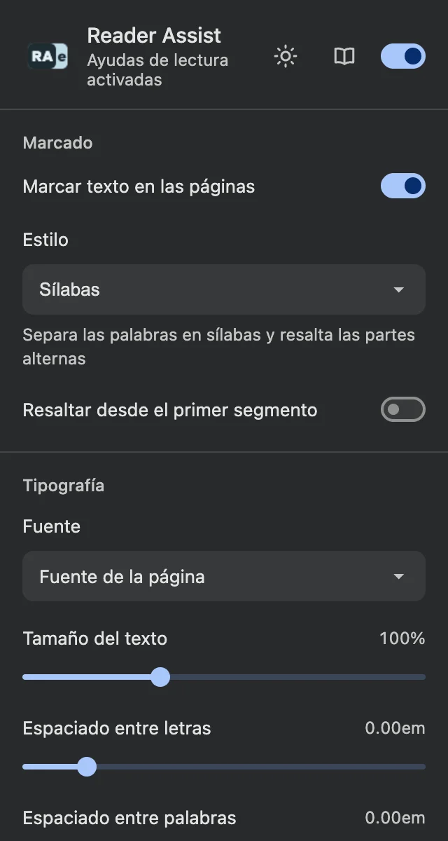 Los Ajustes de Reader Assist con el tema oscuro