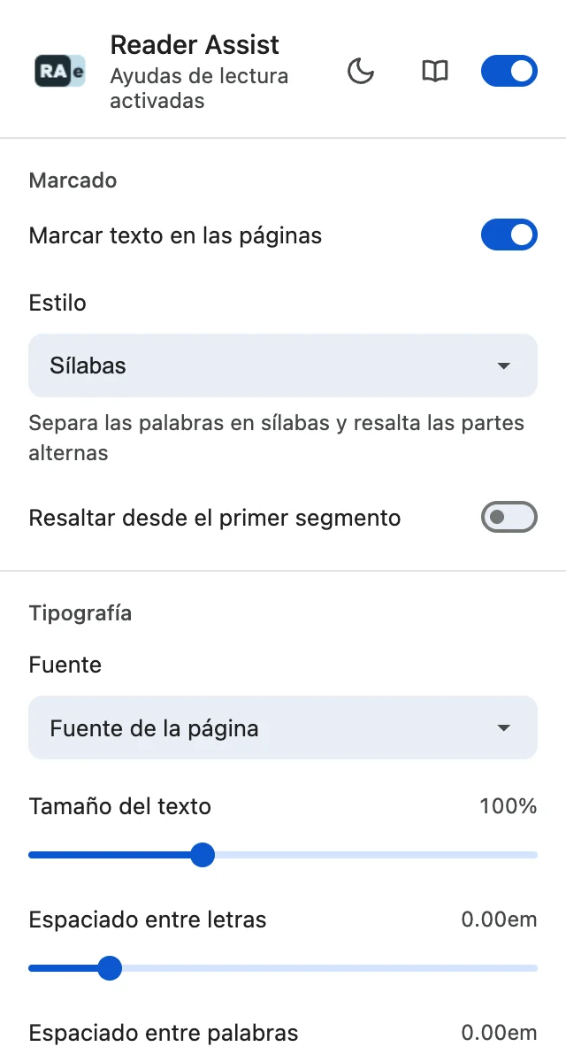Los Ajustes de Reader Assist con el tema claro