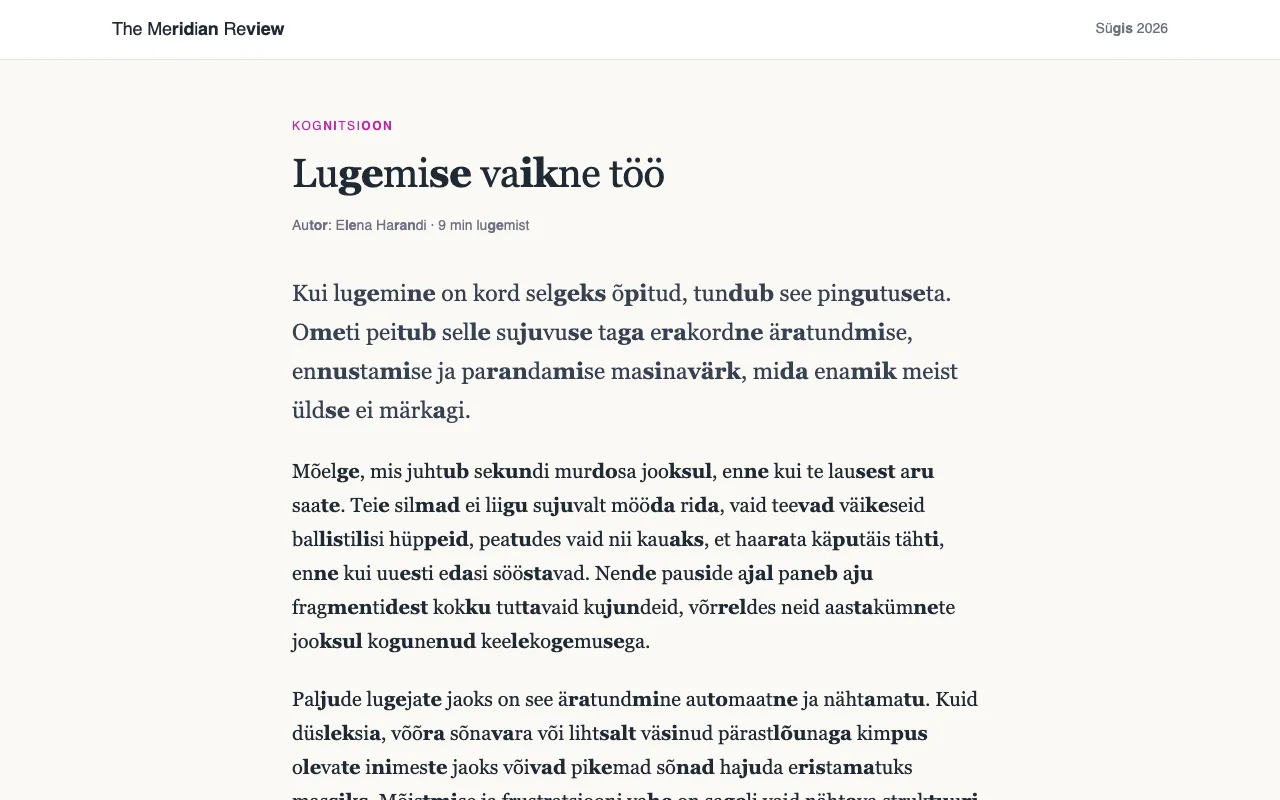 Artikkel, kus pikad sõnad on silbitatud ja iga teine silp on paksus kirjas