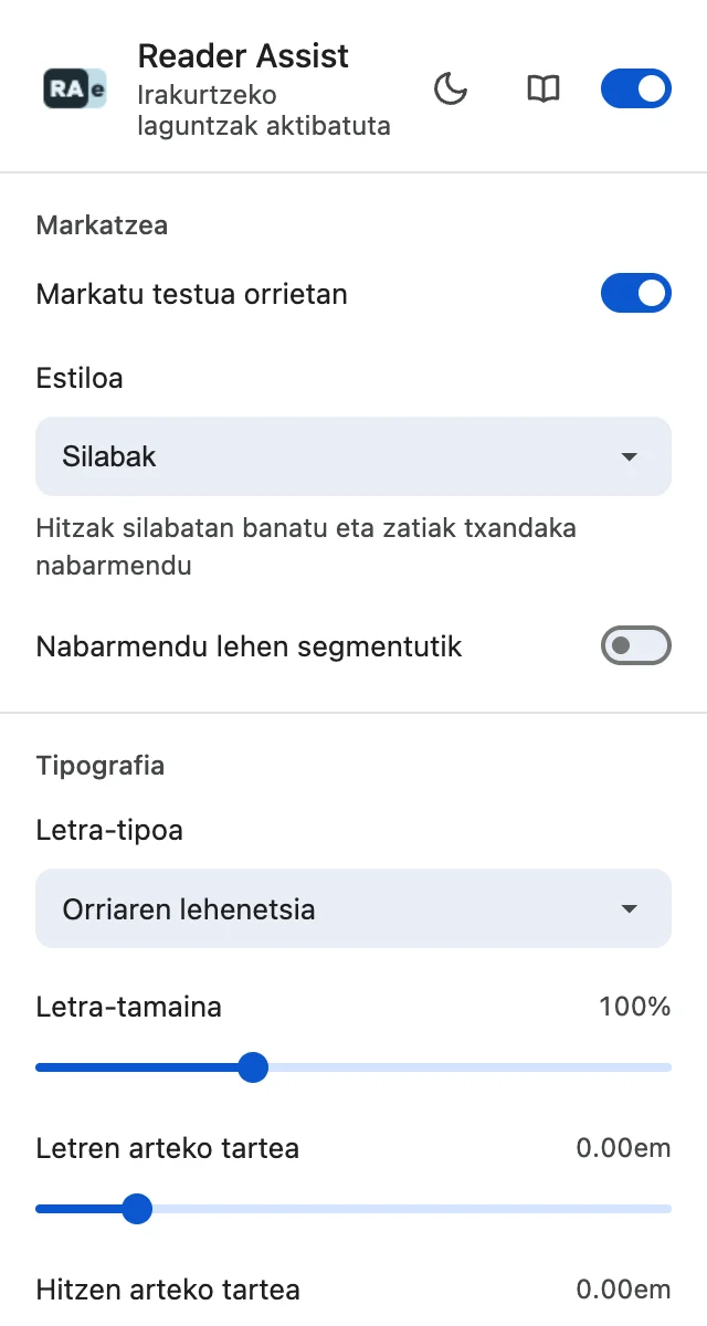 Reader Assist-en ezarpenak gai argian.