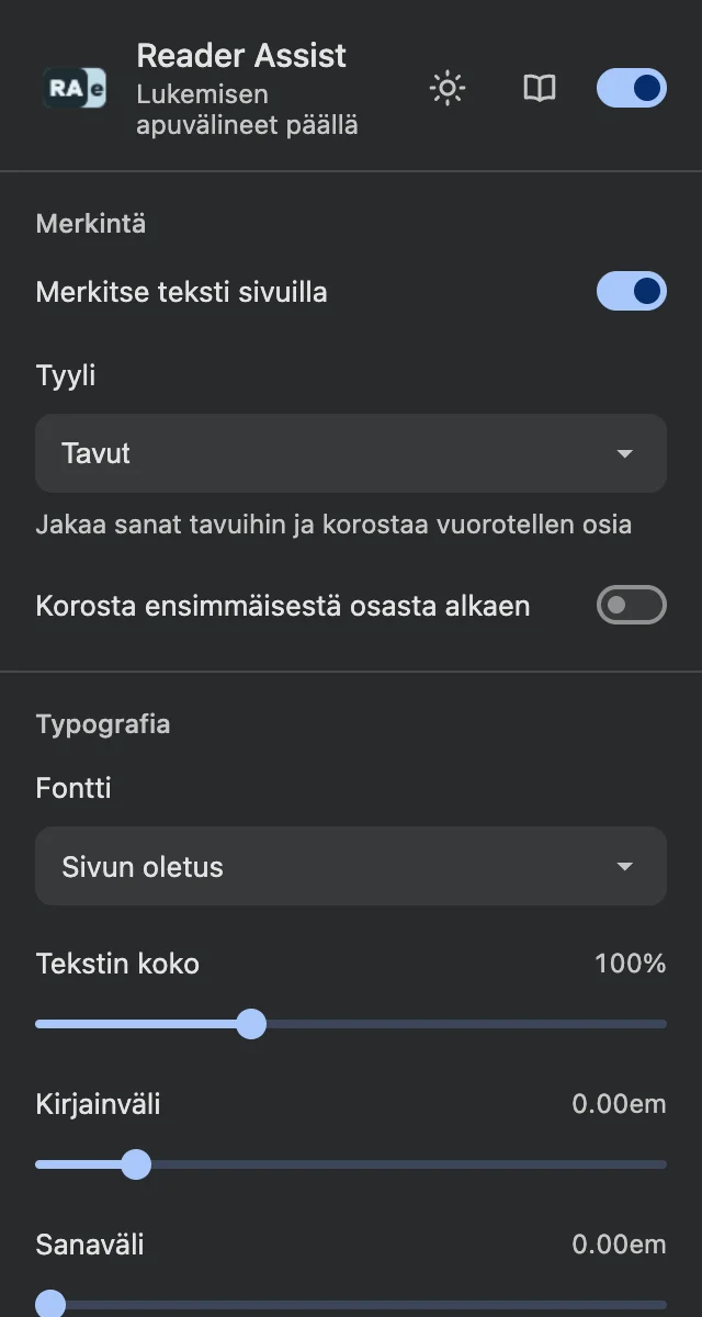 Reader Assistin asetukset tummassa teemassa