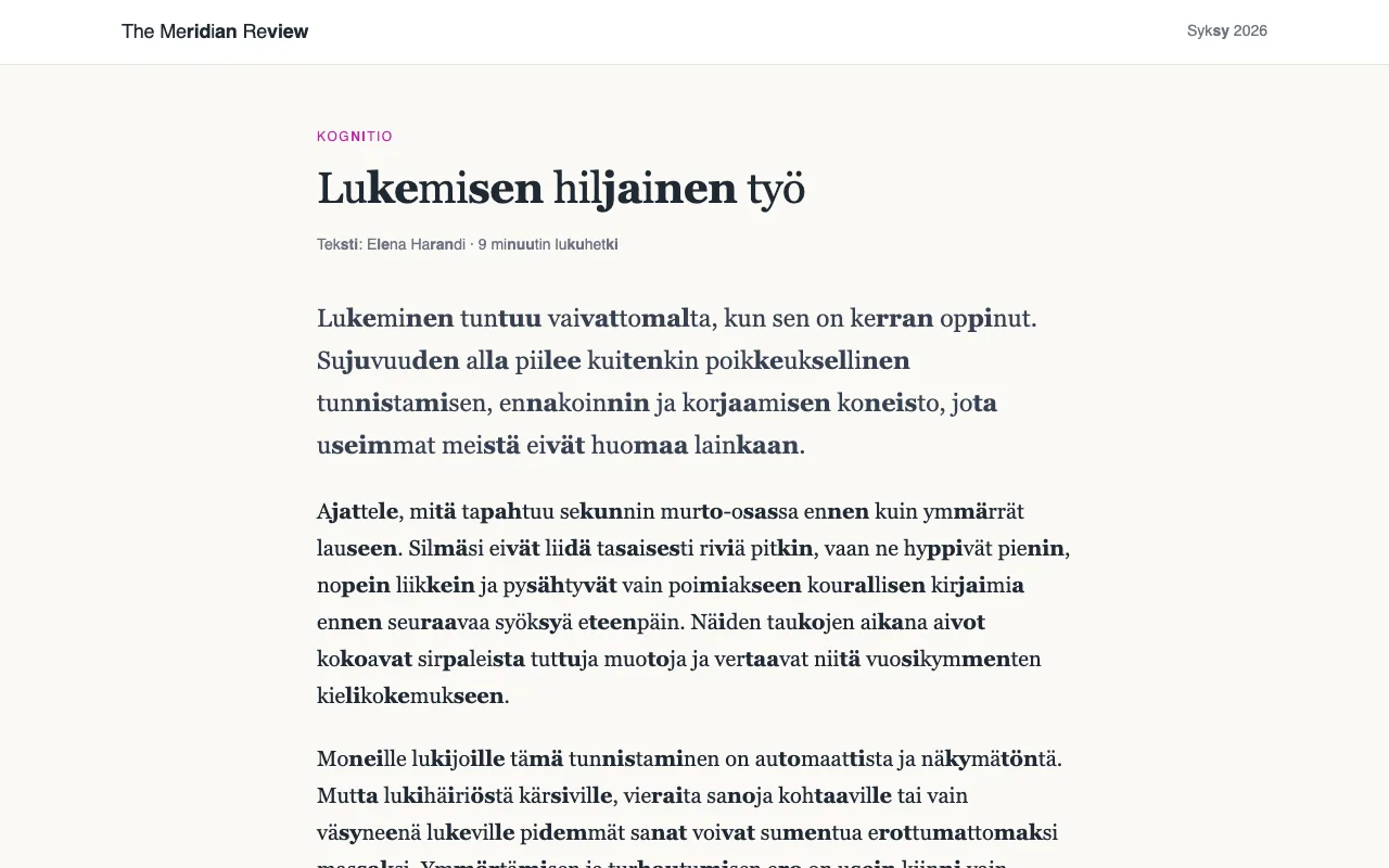 Artikkeli, jossa pitkät sanat on tavutettu ja joka toinen tavu on lihavoitu