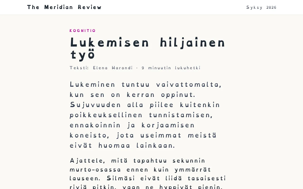 Artikkeli, joka on ladottu OpenDyslexic-fontilla ja jossa on tavallista leveämmät kirjain- ja sanavälit