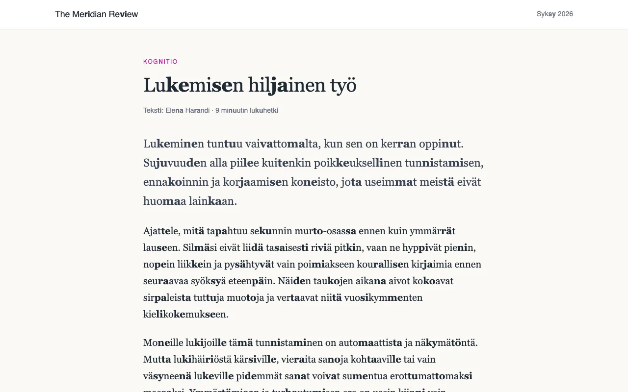 Artikkeli, jossa joka toinen konsonantti-vokaali-pari on lihavoitu