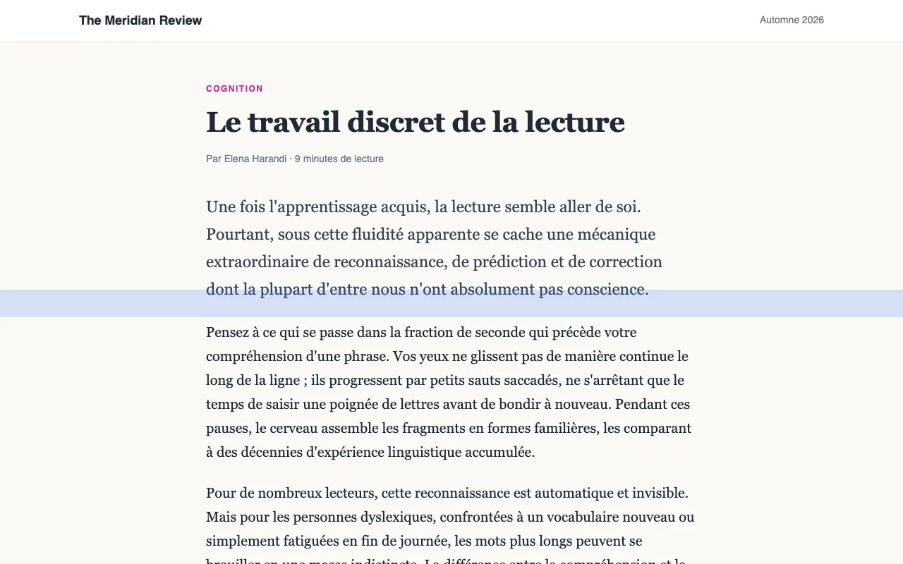 Un article avec une règle de lecture bleue sur une ligne