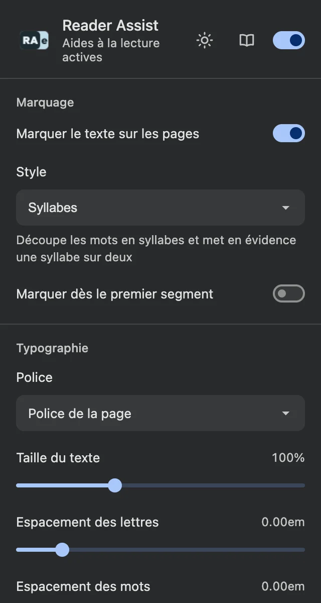 Les paramètres de Reader Assist en thème sombre