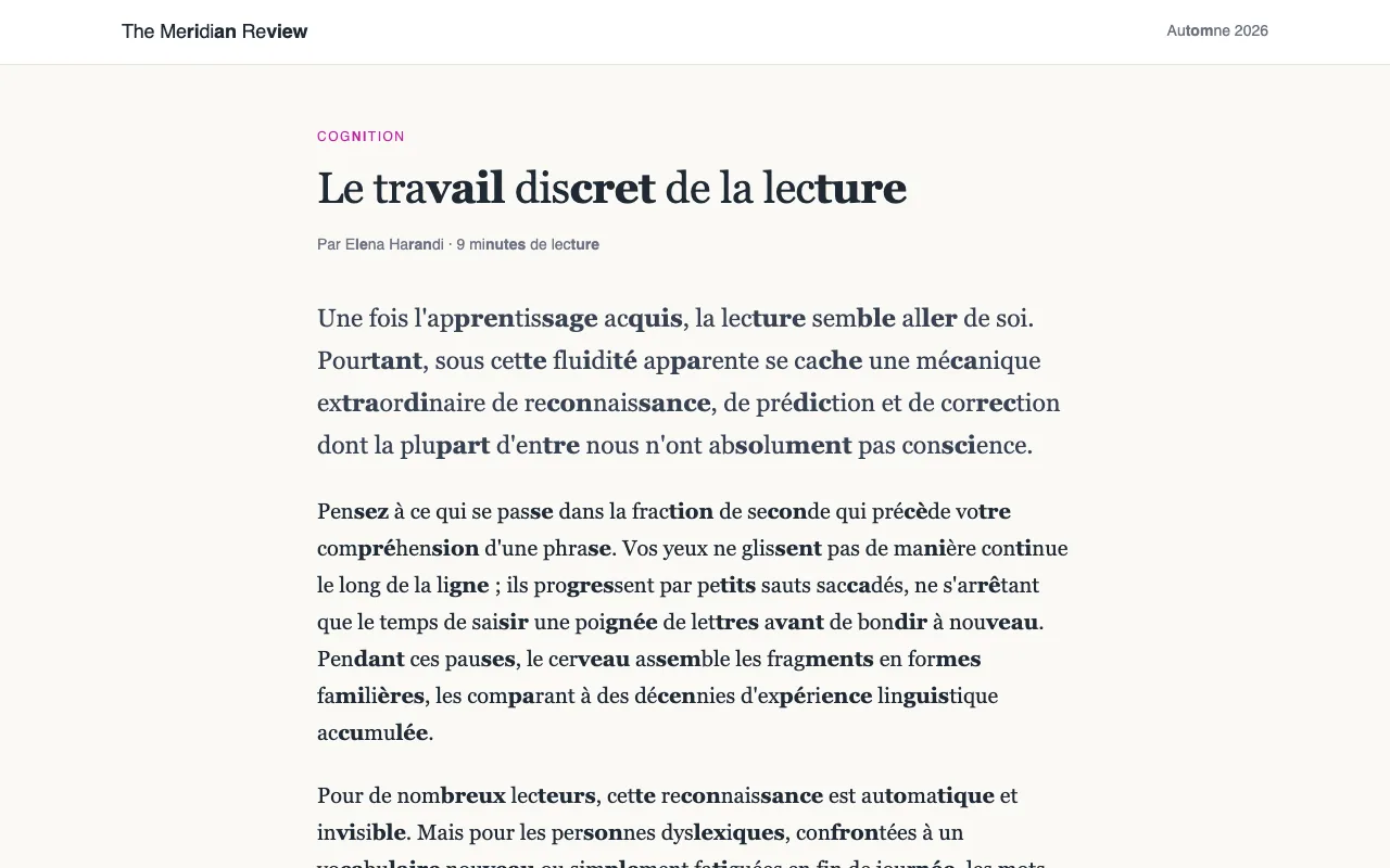 Un article avec les mots longs découpés en syllabes, une syllabe sur deux en gras