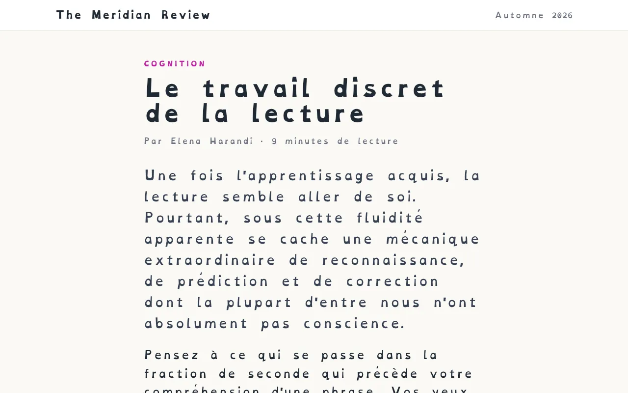 Un article affiché avec la police OpenDyslexic et un espacement des lettres et des mots augmenté