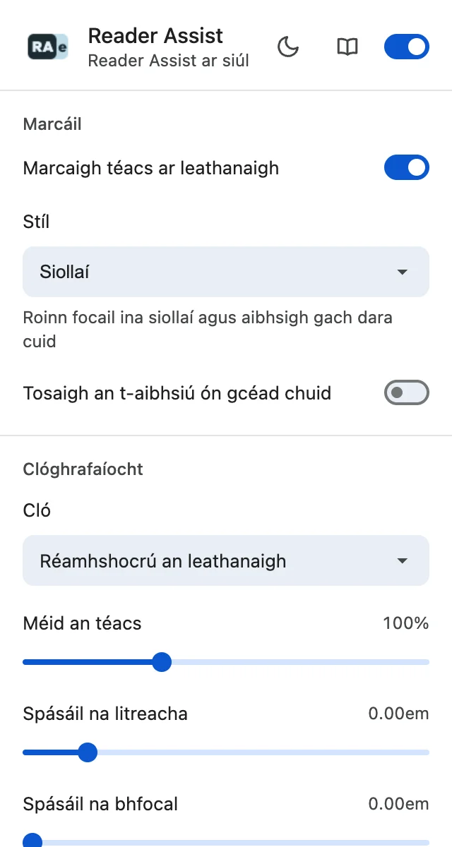 Socruithe Reader Assist sa téama geal