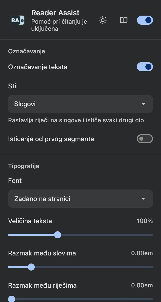 Postavke proširenja Reader Assist u tamnoj temi
