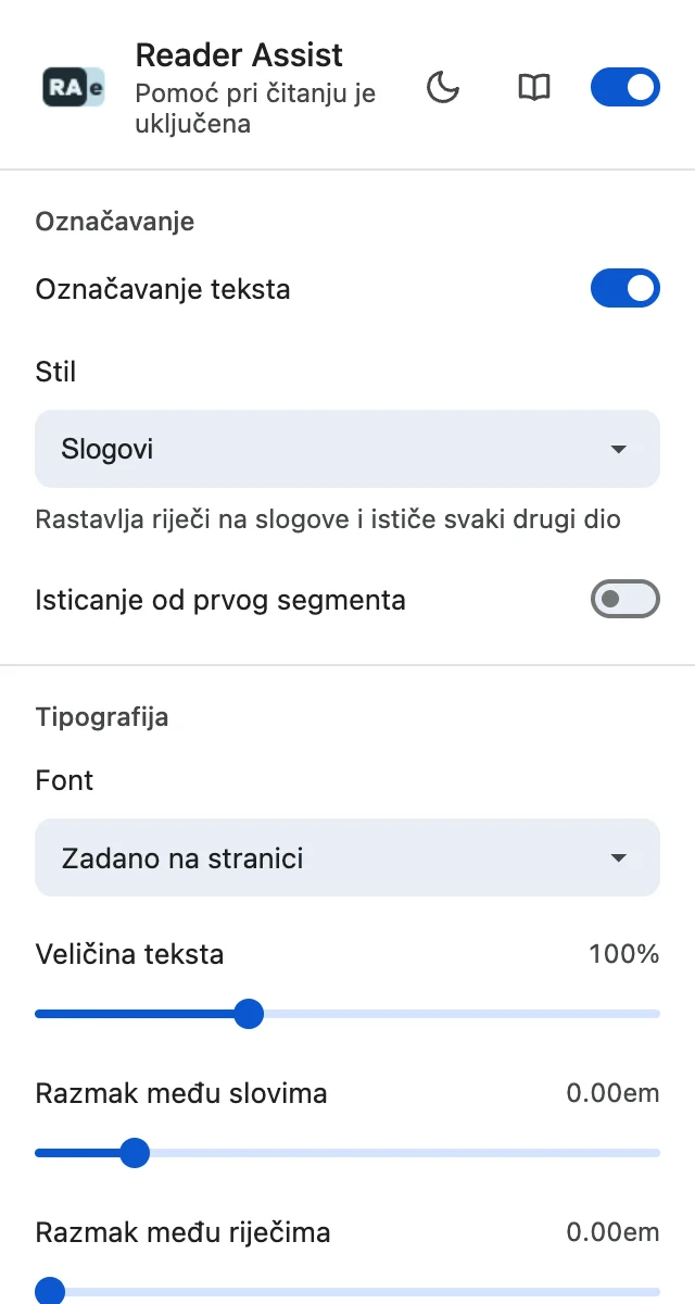 Postavke proširenja Reader Assist u svijetloj temi