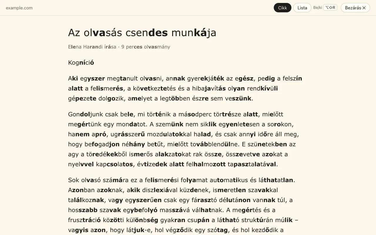 Az olvasó nézet: csak a cikk egyetlen letisztult hasábban, szótagolással.