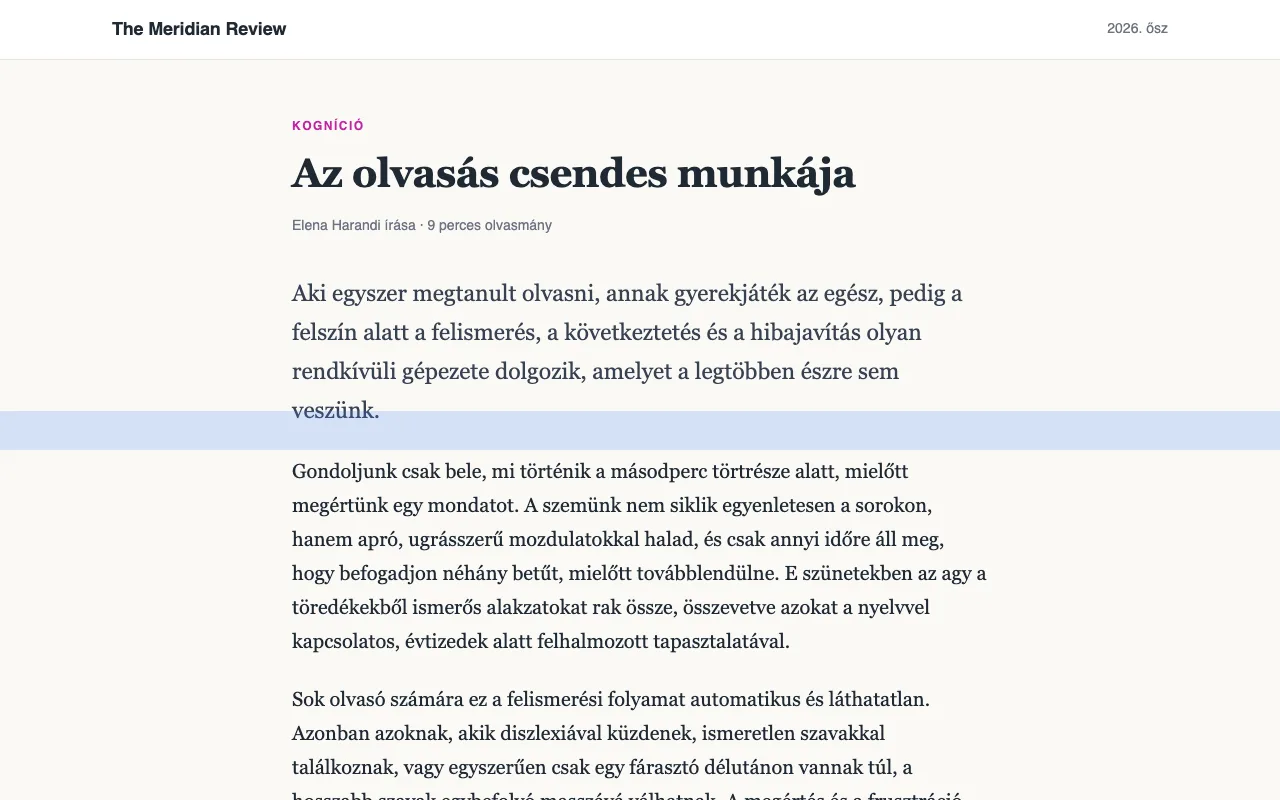 Egy cikk kék olvasóvonalzóval egy soron keresztül.