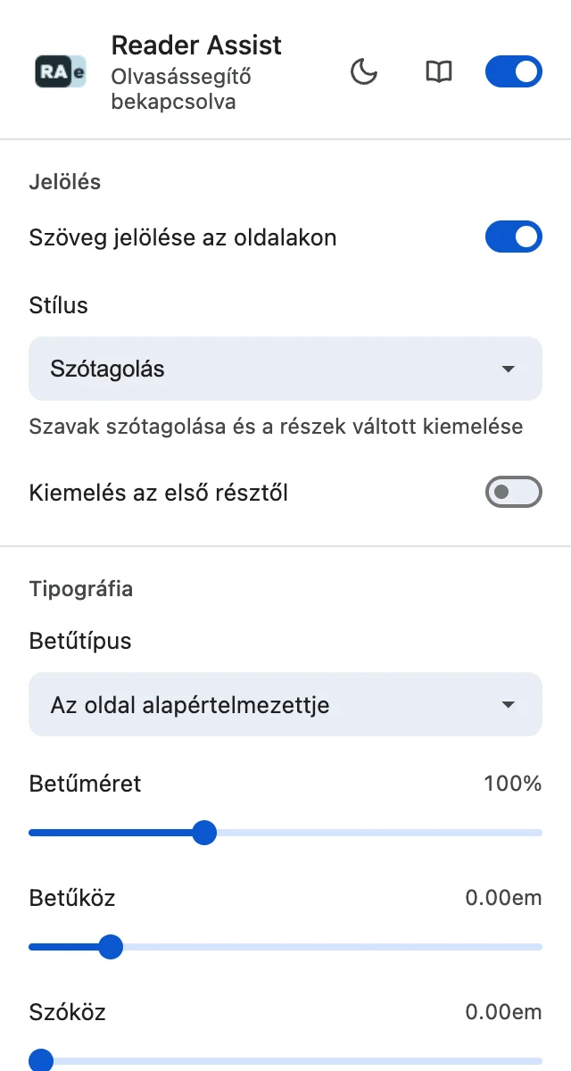 A Reader Assist beállításai világos témában.