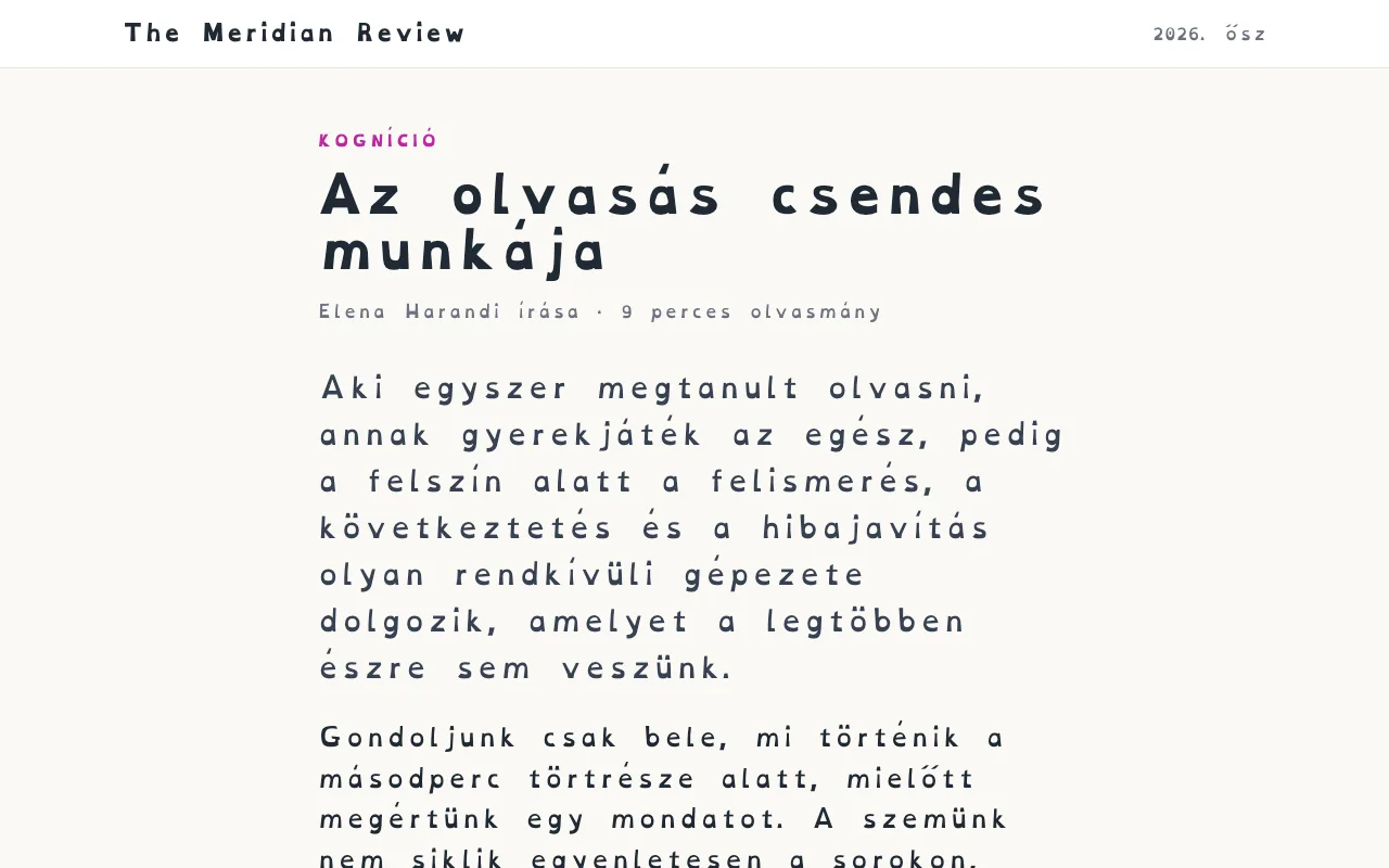 Egy cikk OpenDyslexic betűtípussal, nagyobb betű- és szóközzel.