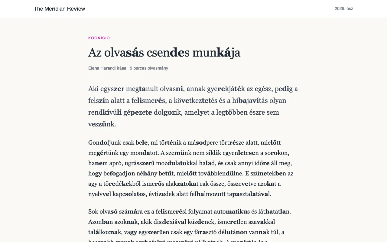 Egy cikk, ahol minden második mássalhangzó-magánhangzó pár félkövér.
