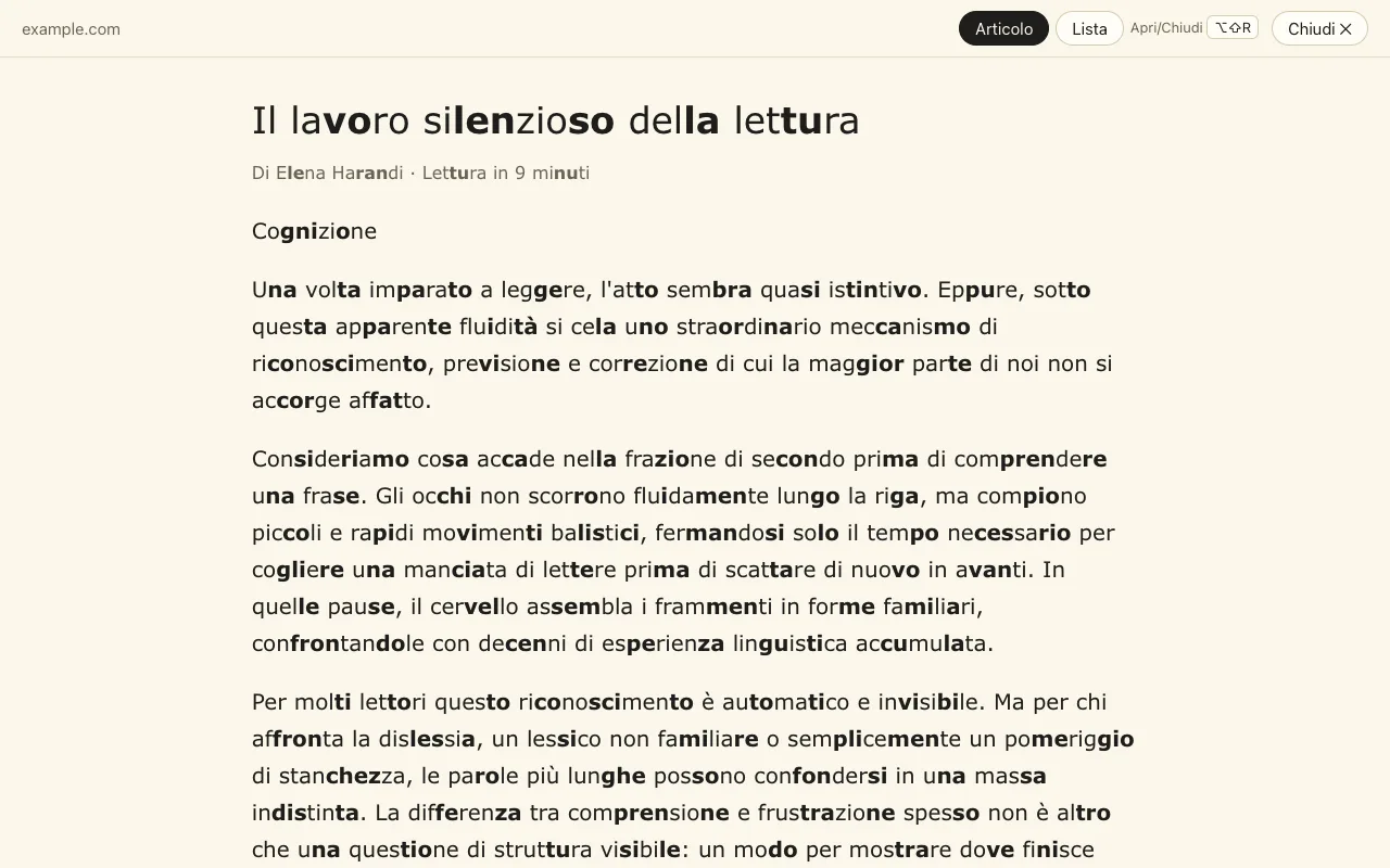 La modalità lettura: solo l'articolo in una colonna pulita, con la marcatura sillabica