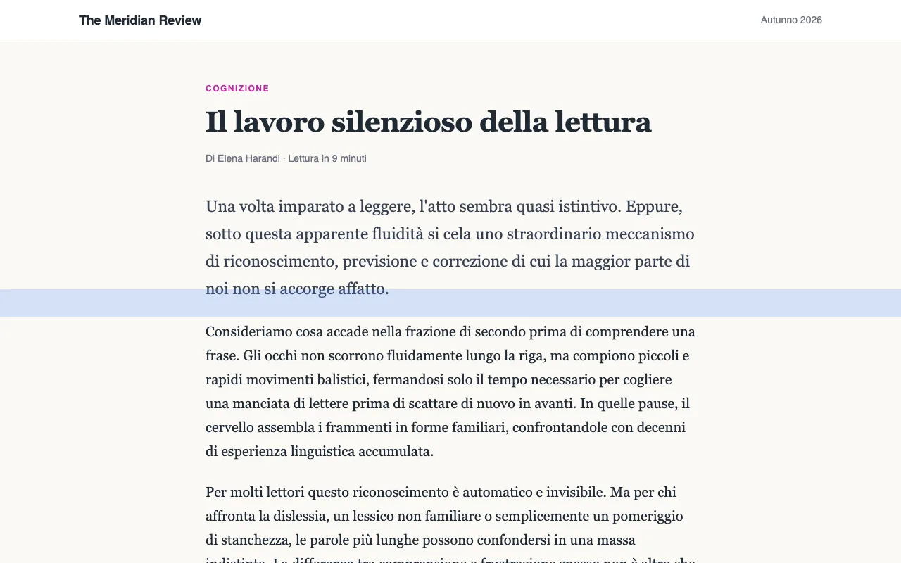 Un articolo con un righello di lettura blu su una riga