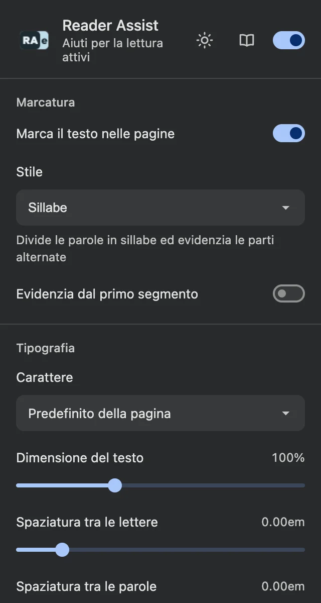 Le impostazioni di Reader Assist nel tema scuro