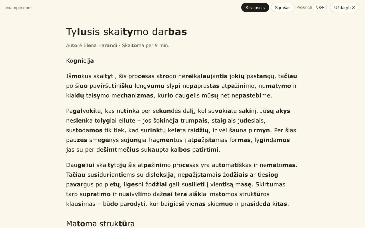 Skaitymo rodinys: tik straipsnis viename ramiame stulpelyje su skiemenų žymėjimu