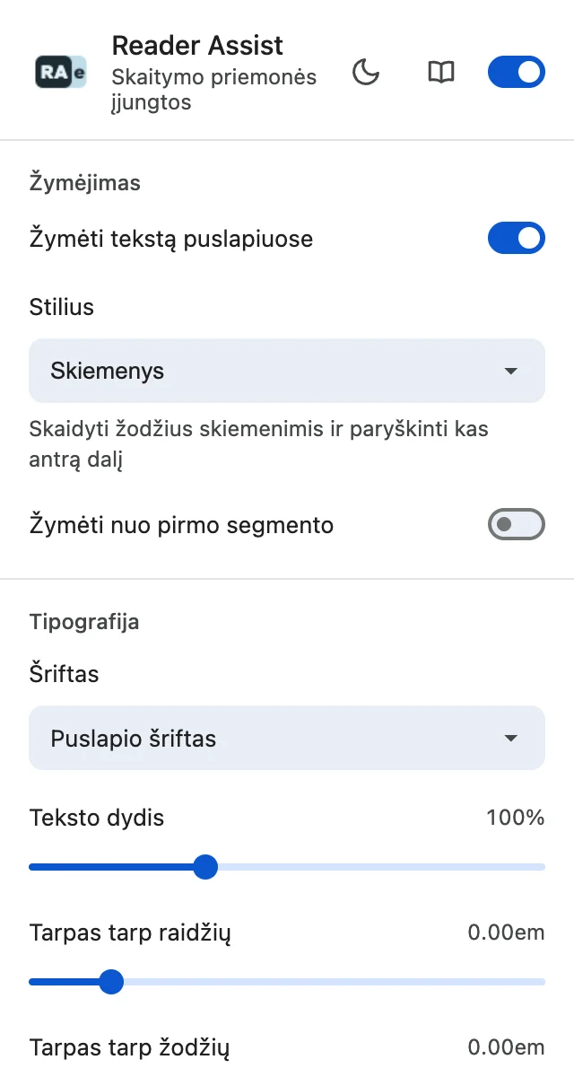 „Reader Assist“ nustatymai šviesiojoje temoje