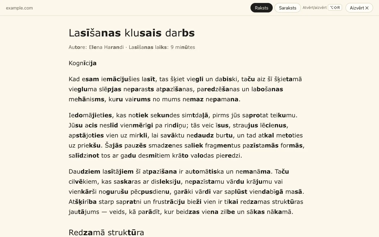 Lasīšanas režīms: tikai raksts vienā mierīgā slejā ar zilbju marķēšanu