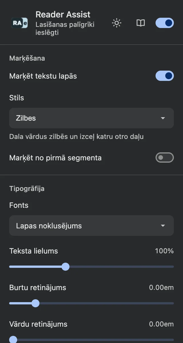 Reader Assist iestatījumi tumšajā režīmā