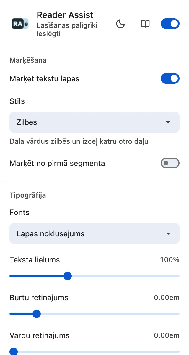 Reader Assist iestatījumi gaišajā režīmā