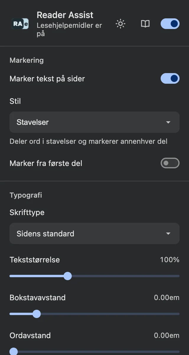 Innstillinger for Reader Assist i mørkt tema
