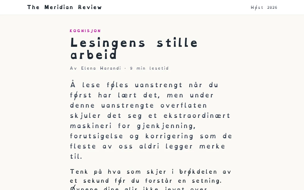 En artikkel satt i OpenDyslexic med større bokstav- og ordavstand