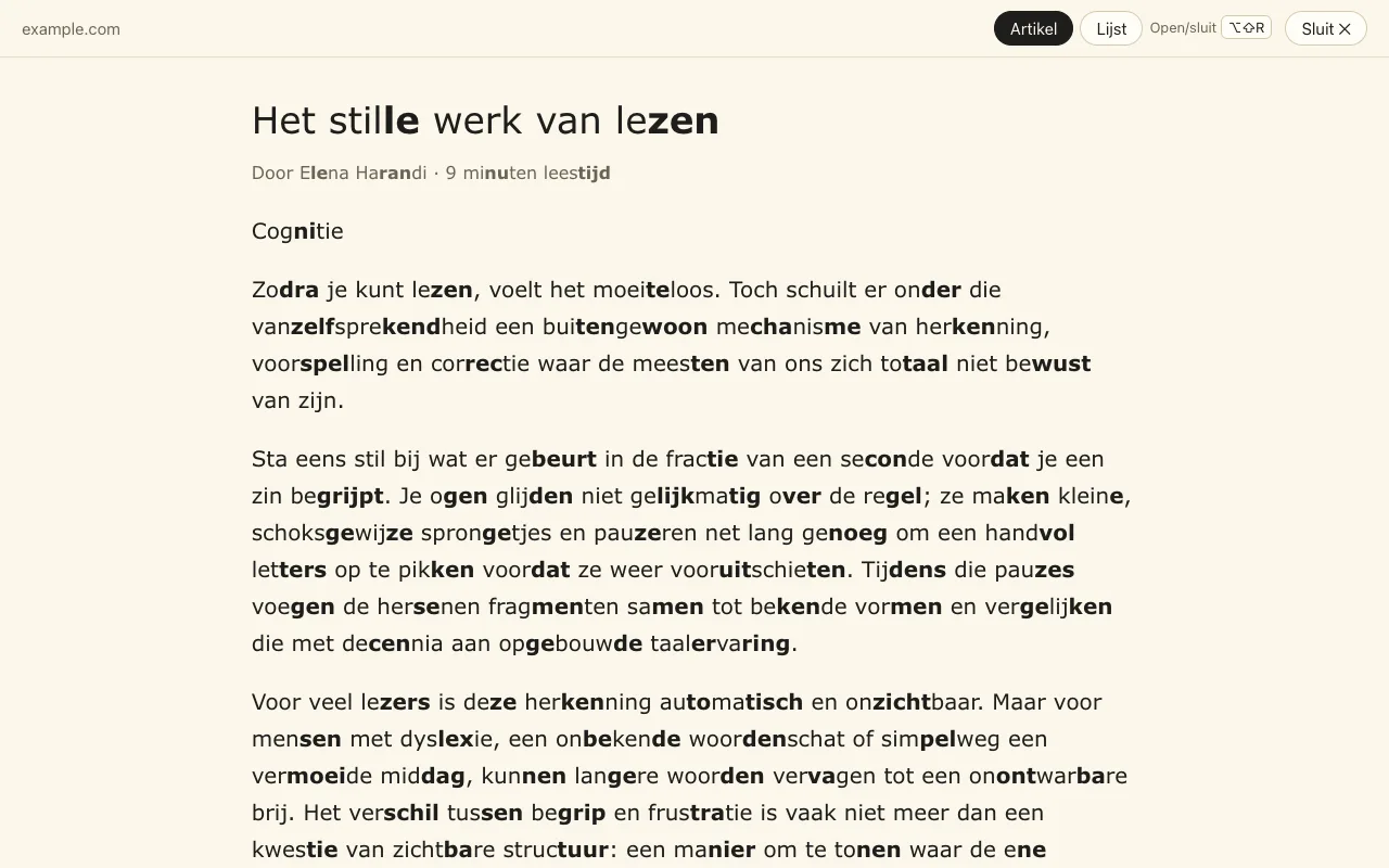 De leesweergave: alleen het artikel in één rustige kolom, met lettergreepmarkering