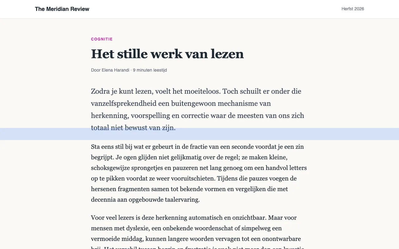 Een artikel met een blauwe leesliniaal over één regel