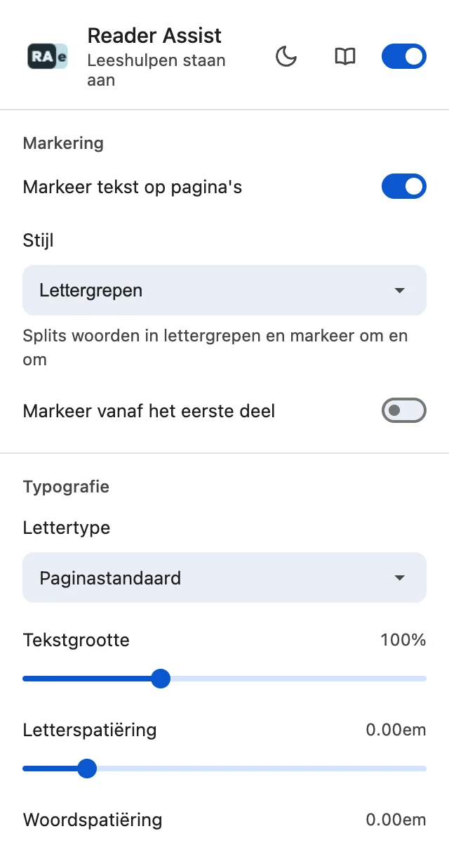 De instellingen van Reader Assist in het lichte thema
