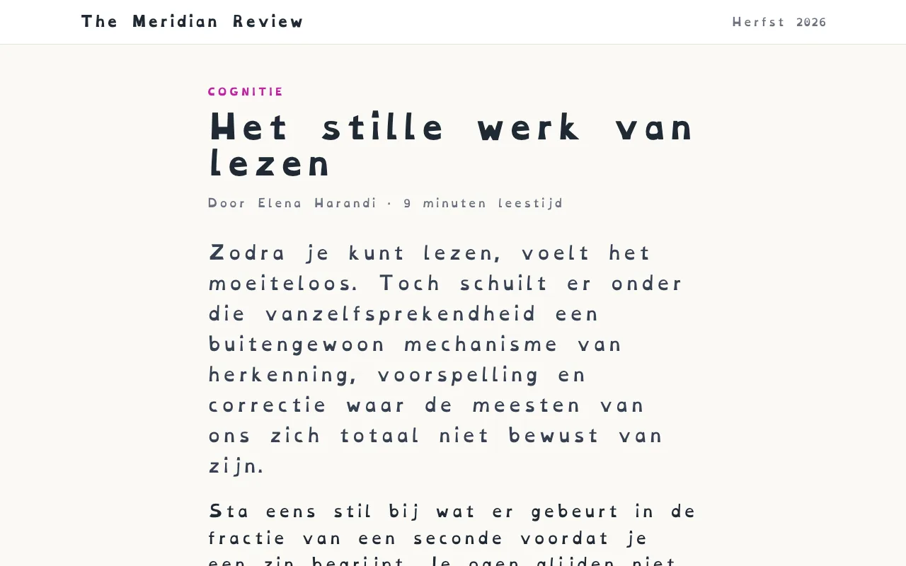 Een artikel in het lettertype OpenDyslexic met grotere letter- en woordspatiëring