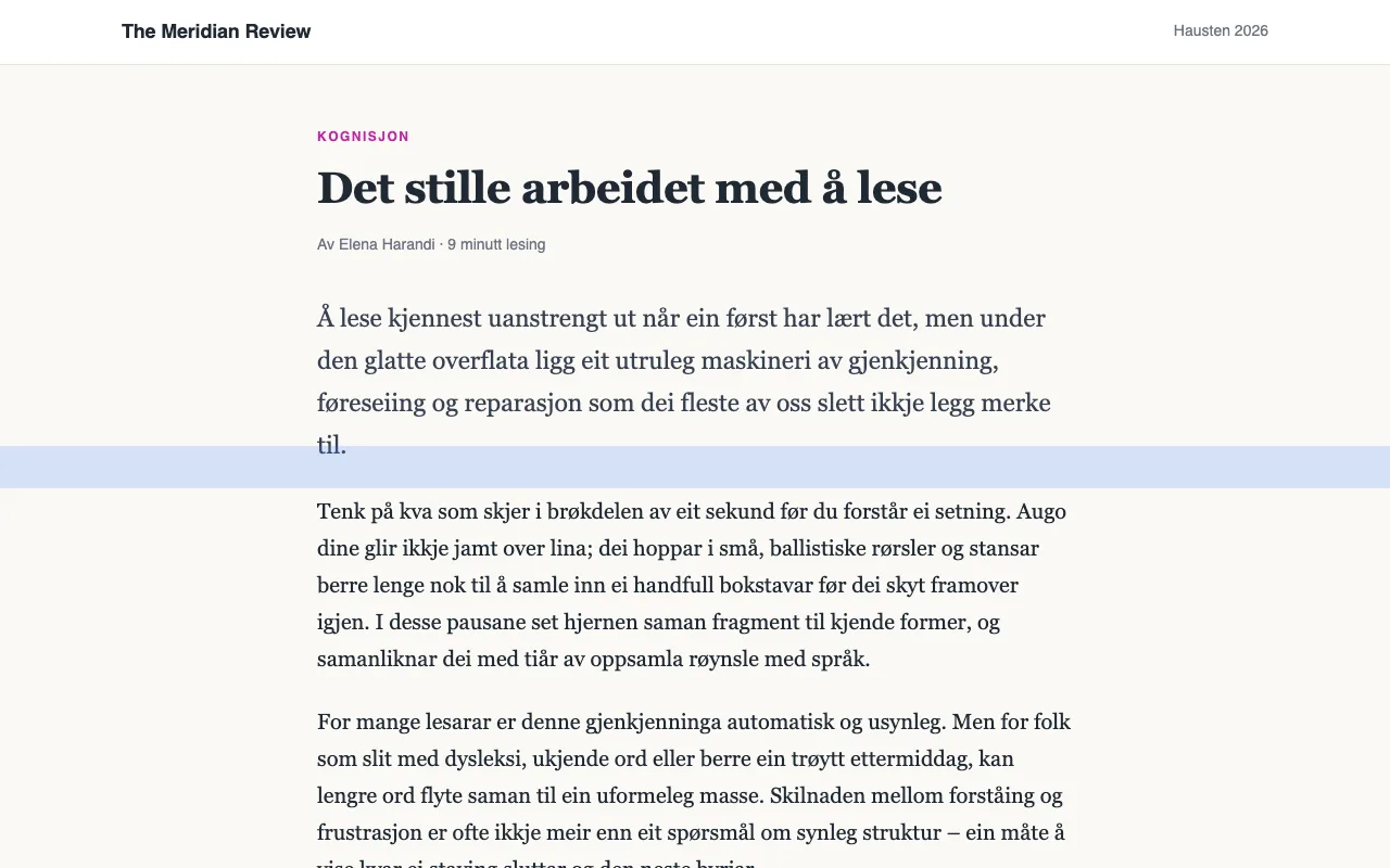 Ein artikkel med ein blå leselinjal over ei linje