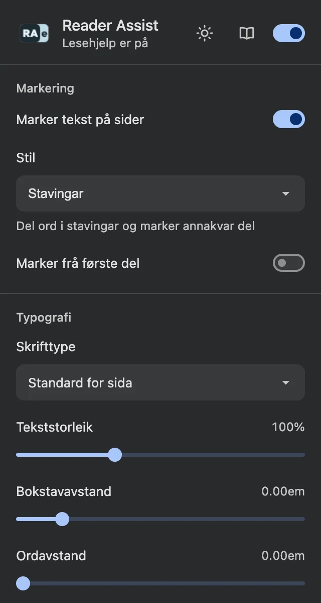 Innstillingane for Reader Assist i mørkt tema