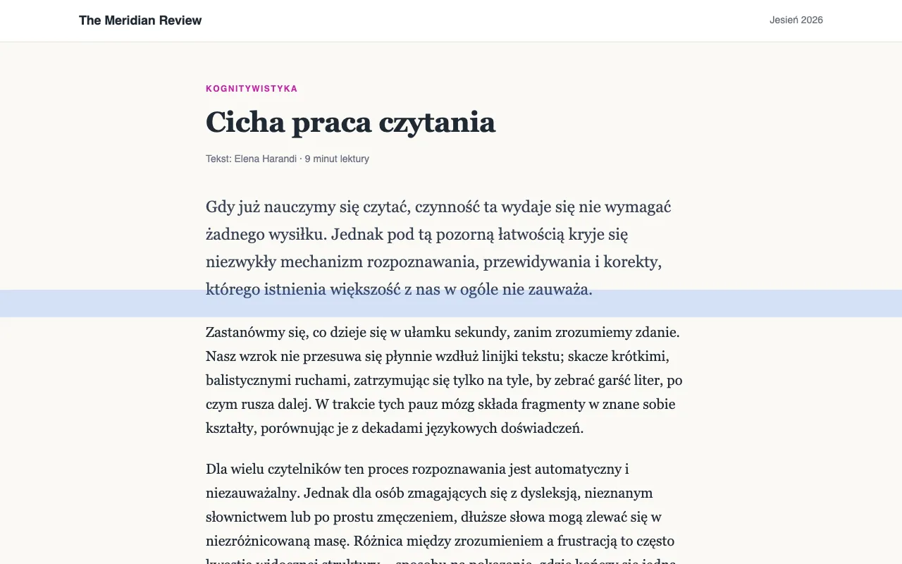 Artykuł z niebieską linijką do czytania wzdłuż jednego wiersza