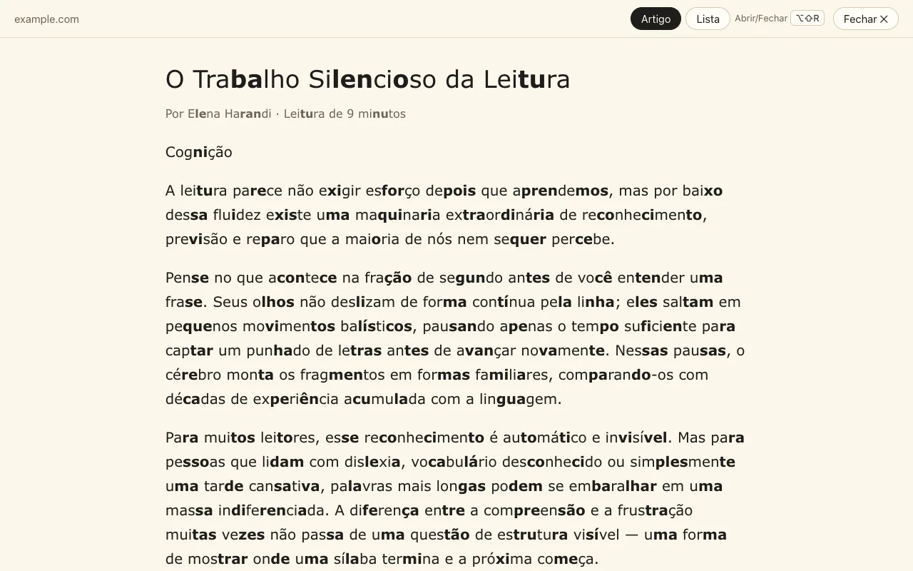 O modo de leitura: apenas o artigo em uma coluna limpa, com marcação de sílabas