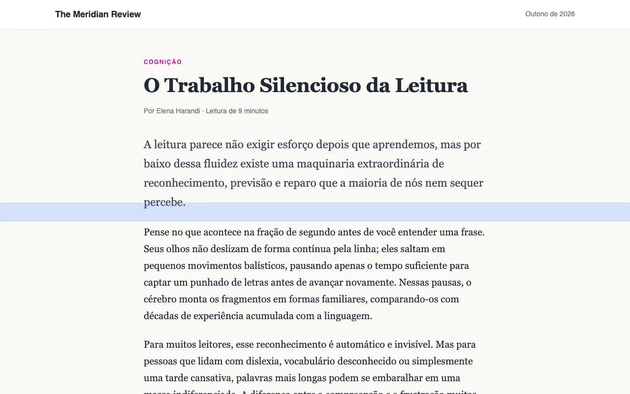 Um artigo com uma régua de leitura azul sobre uma linha